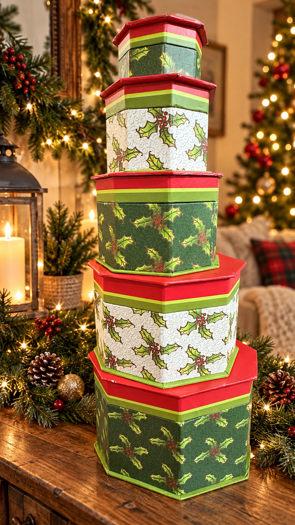 Set of 5 Christmas Holly Nesting Boxes with Lids