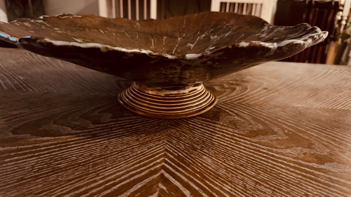 Large Handmade Studio Pottery Leaf Pedestal Bowl – Signed