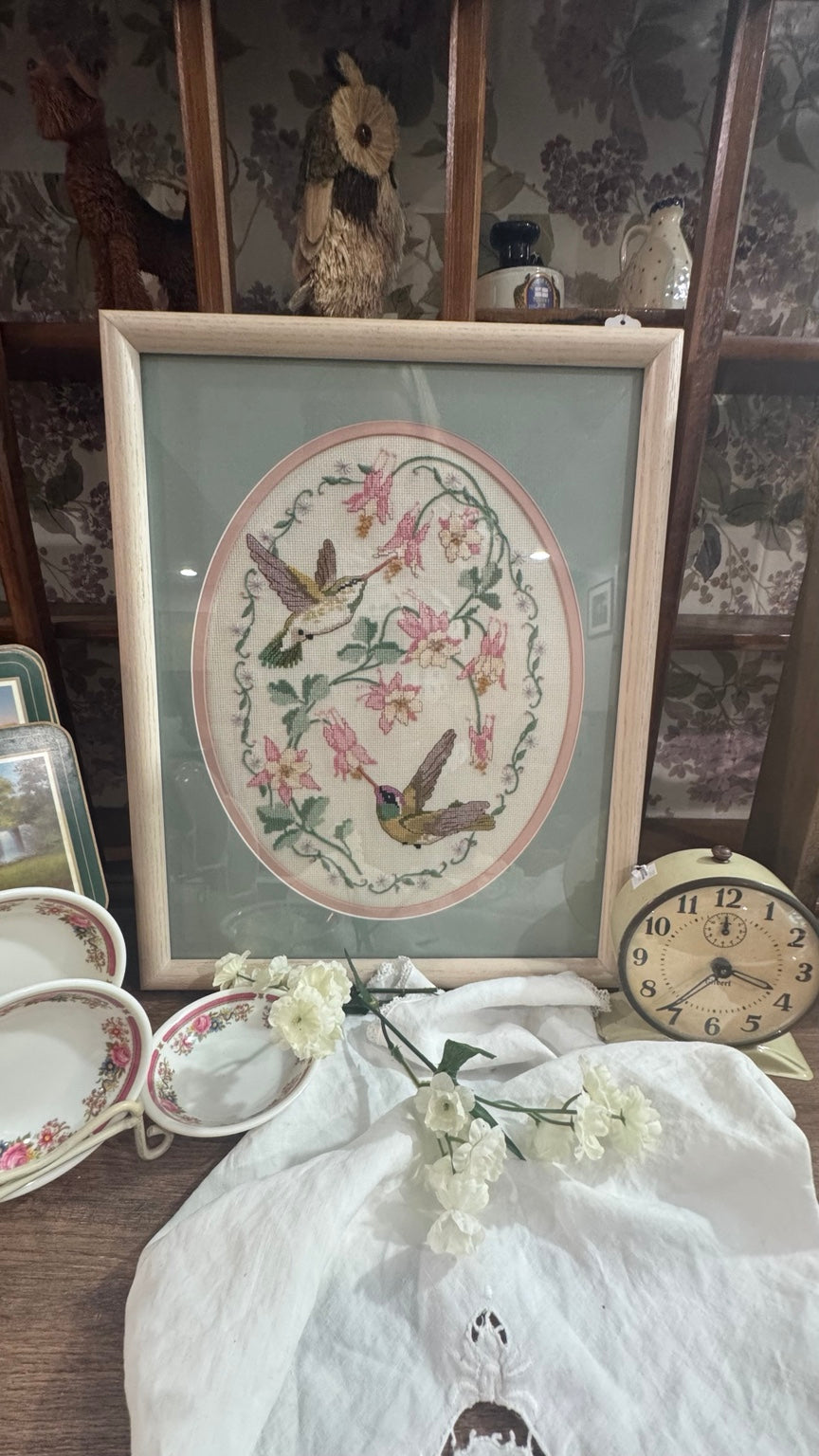 Vintage Framed Hummingbird Floral Cross Stitch Needlework