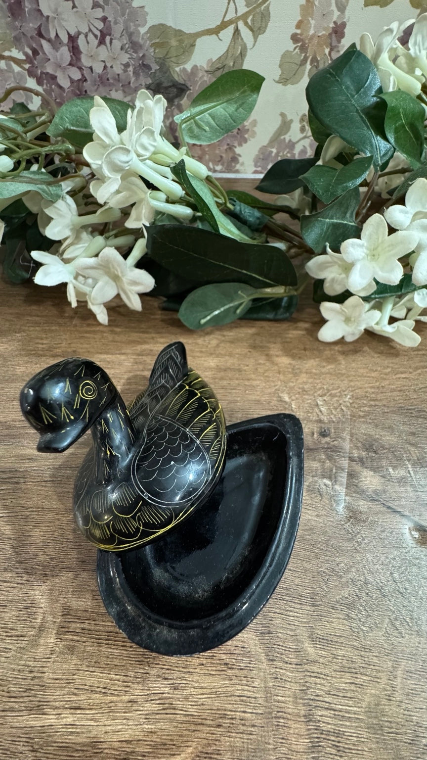 Vintage Hand-Carved Black Soapstone Duck Trinket Box | Etched Lidded Keepsake
