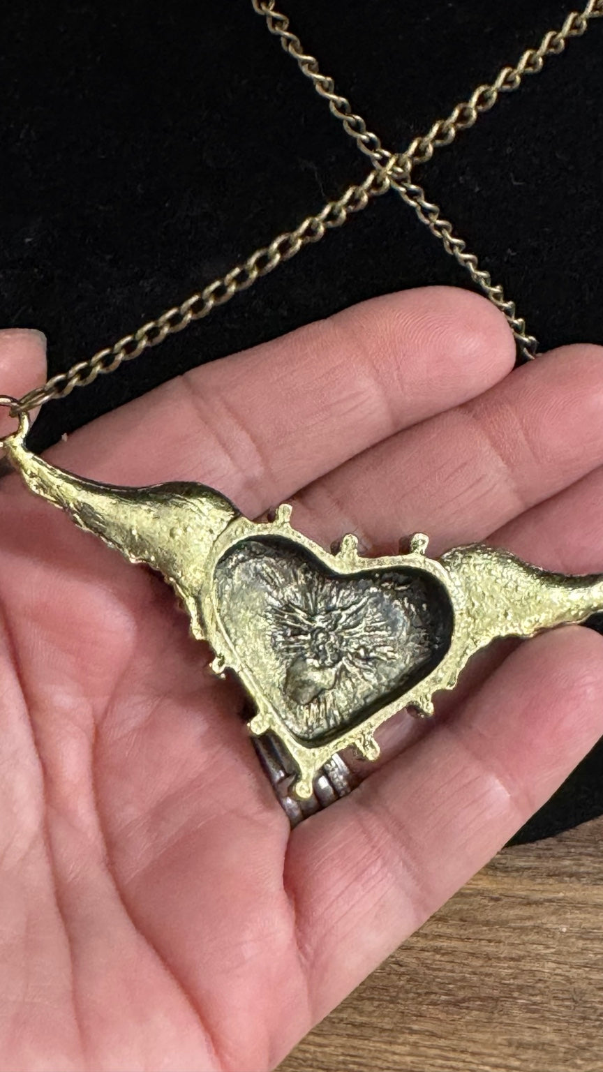 Peacock Feather Heart & Angel Wing Necklace – Brass Tone