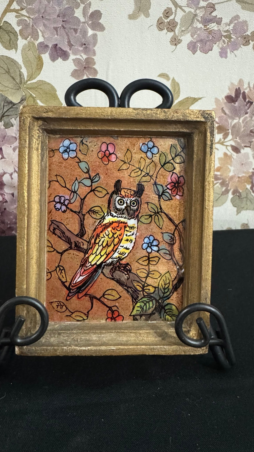 Vintage Hand Painted Owl Picture Reverse Glass Floral Wood Frame Folk Art