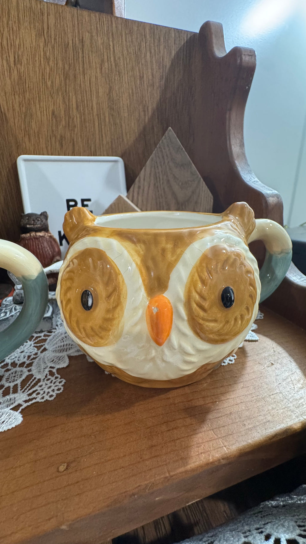 Set of 2 Ceramic Owl Mugs – Brown & Cream with Teal Handles