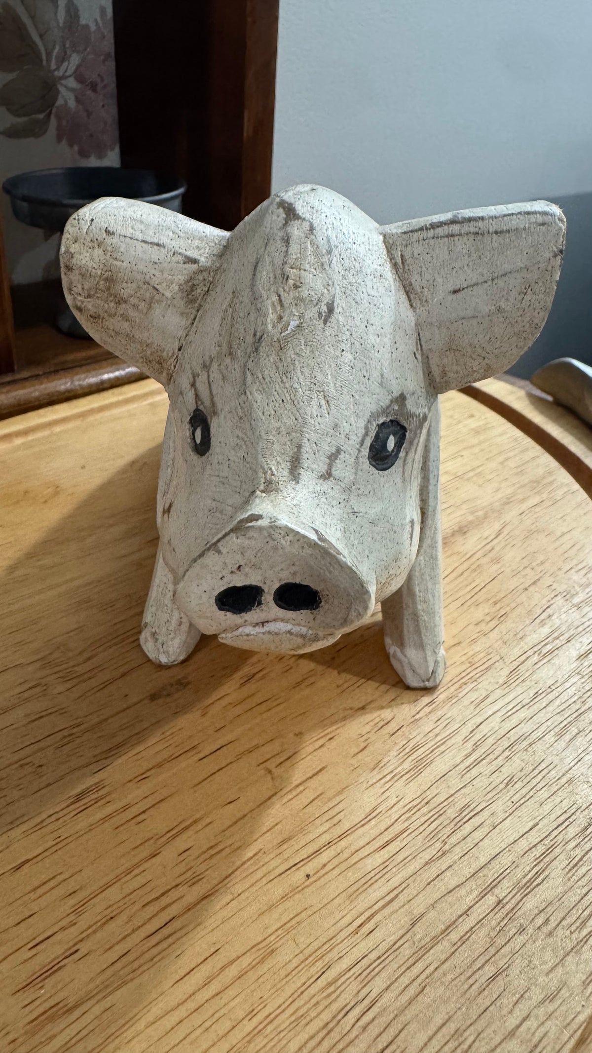 Distressed White Wood Pig Figurine – Rustic Farmhouse Décor –