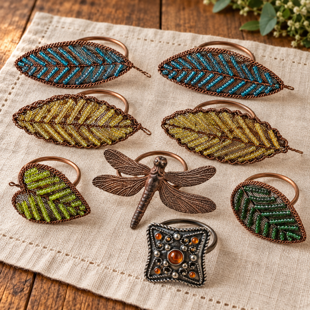 9 Assorted Decorative Napkin Rings – Beaded Leaves, Dragonfly & Jeweled Accent