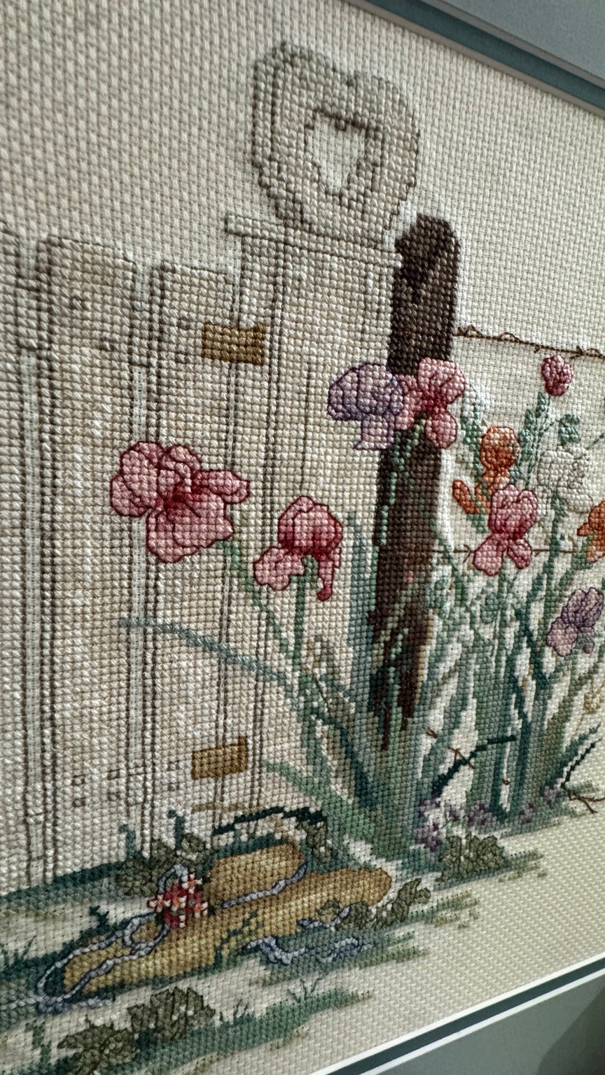 Vintage Hand-Stitched Garden Cross Stitch – Professionally Framed Nielsen USA