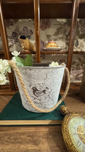 French Country Bird Metal Planter Bucket with Rope Handle