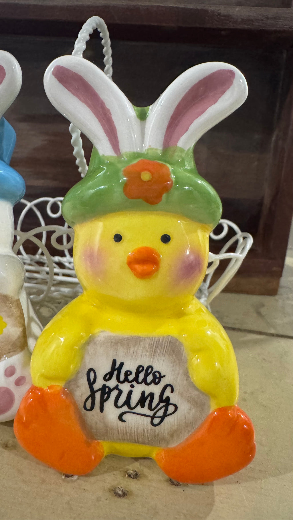 Easter Bunny & Chick Salt and Pepper Shakers with White Wire Basket