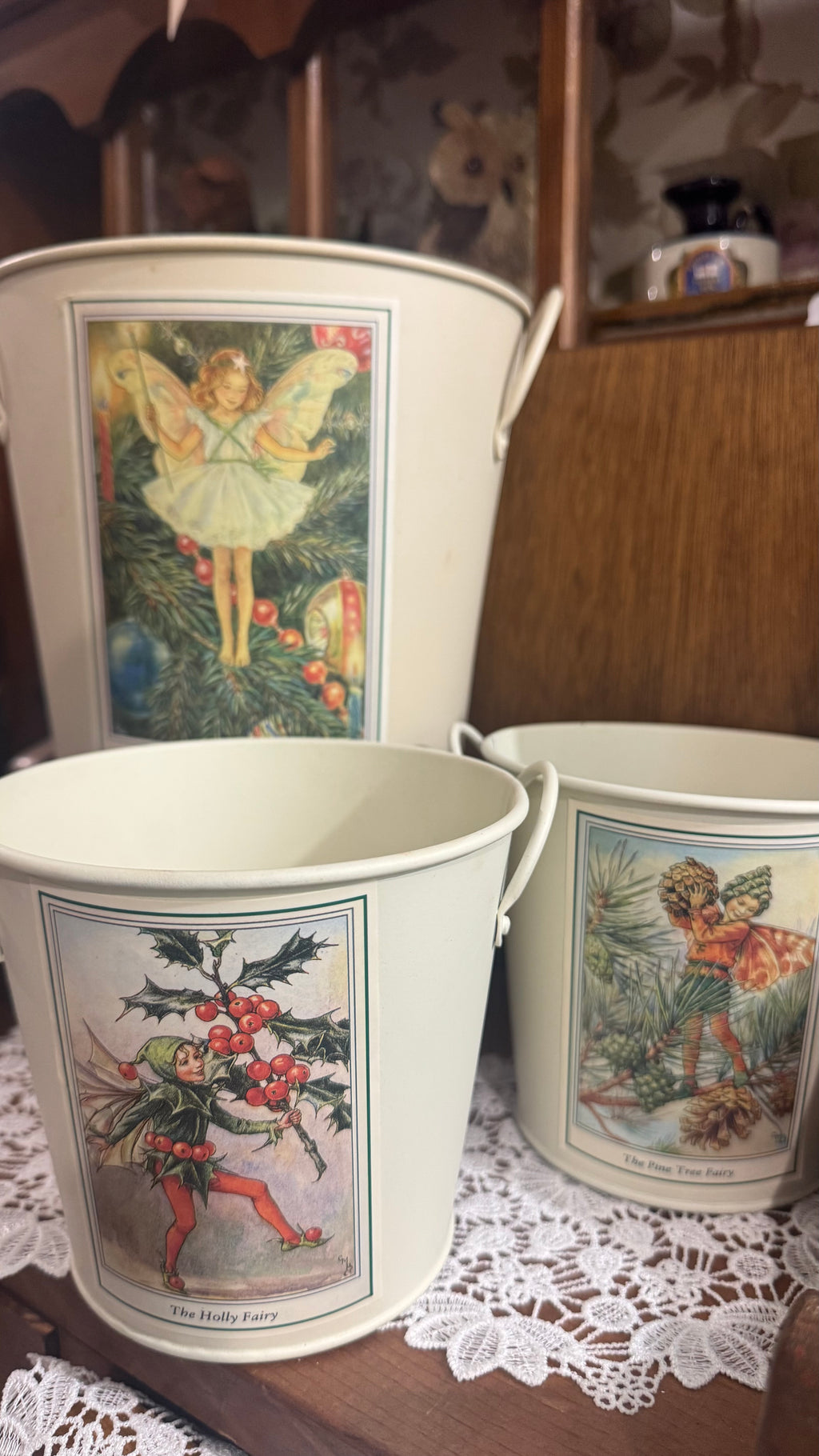 Flower Fairies Christmas Metal Pails / Decorative Planters – Set of 3