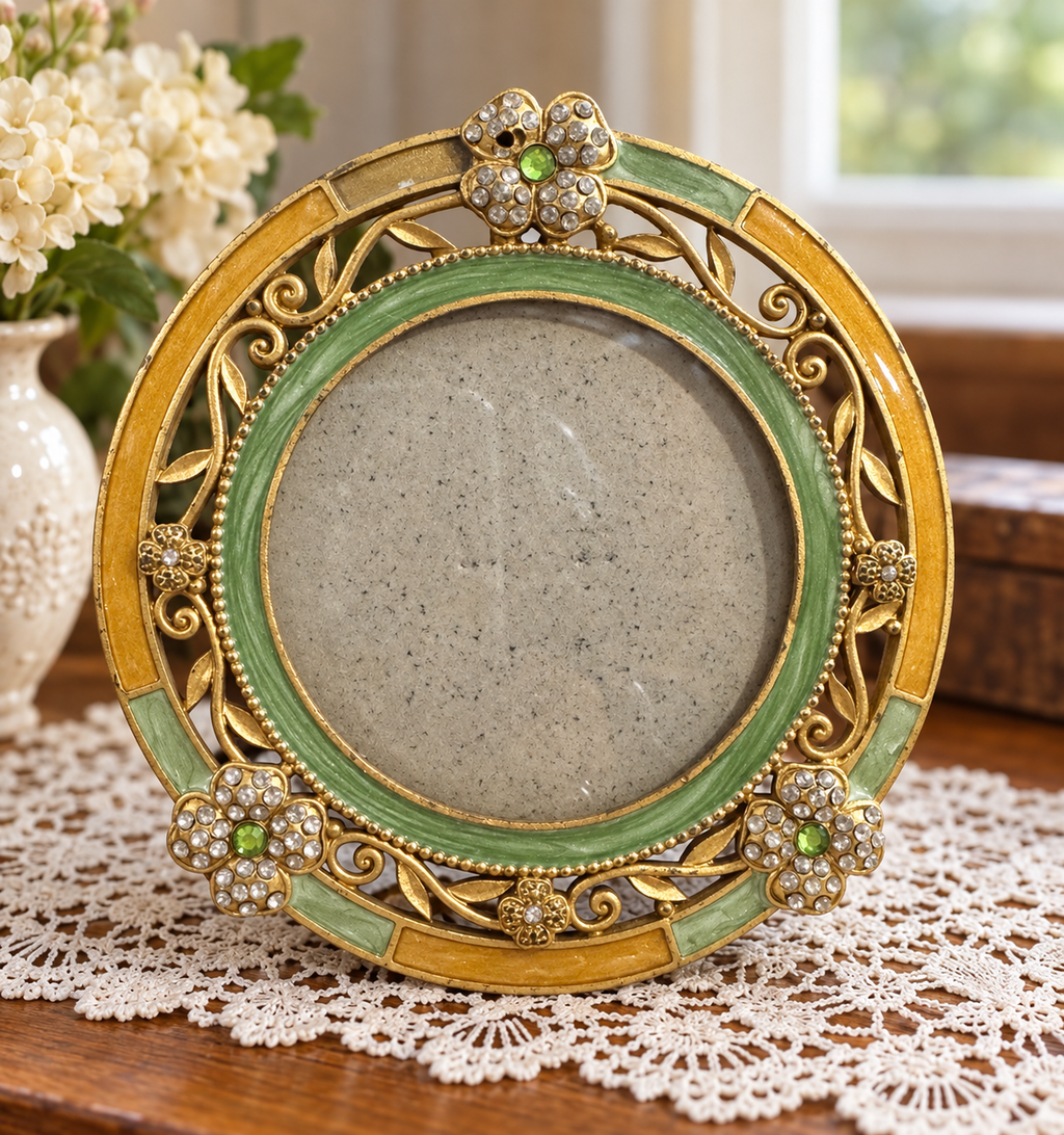Vintage Sunflower 1998 Green & Gold Round Rhinestone Picture Frame