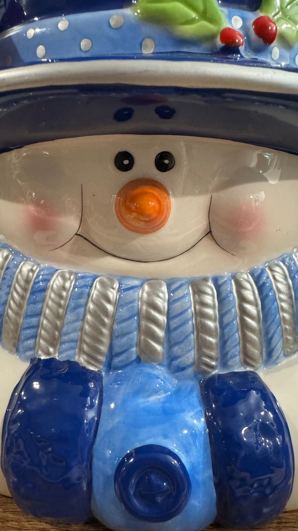 Houston Harvest Snowman Cookie Jar – Blue Top Hat & Winter Birds