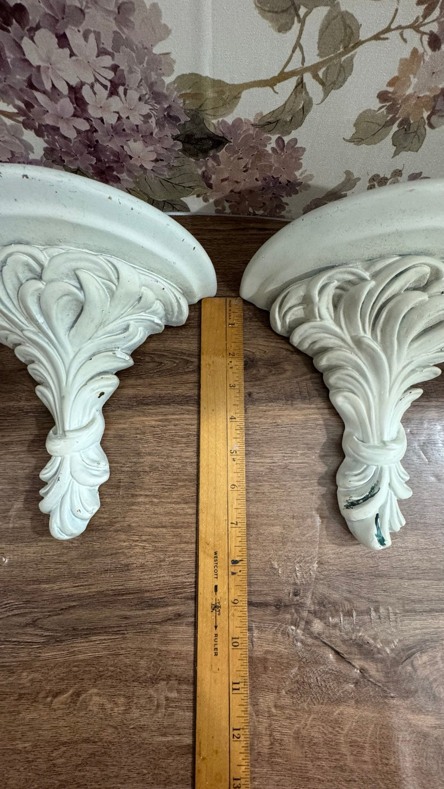 Pair of Ornate Distressed White Wall Shelves | Farmhouse Decor