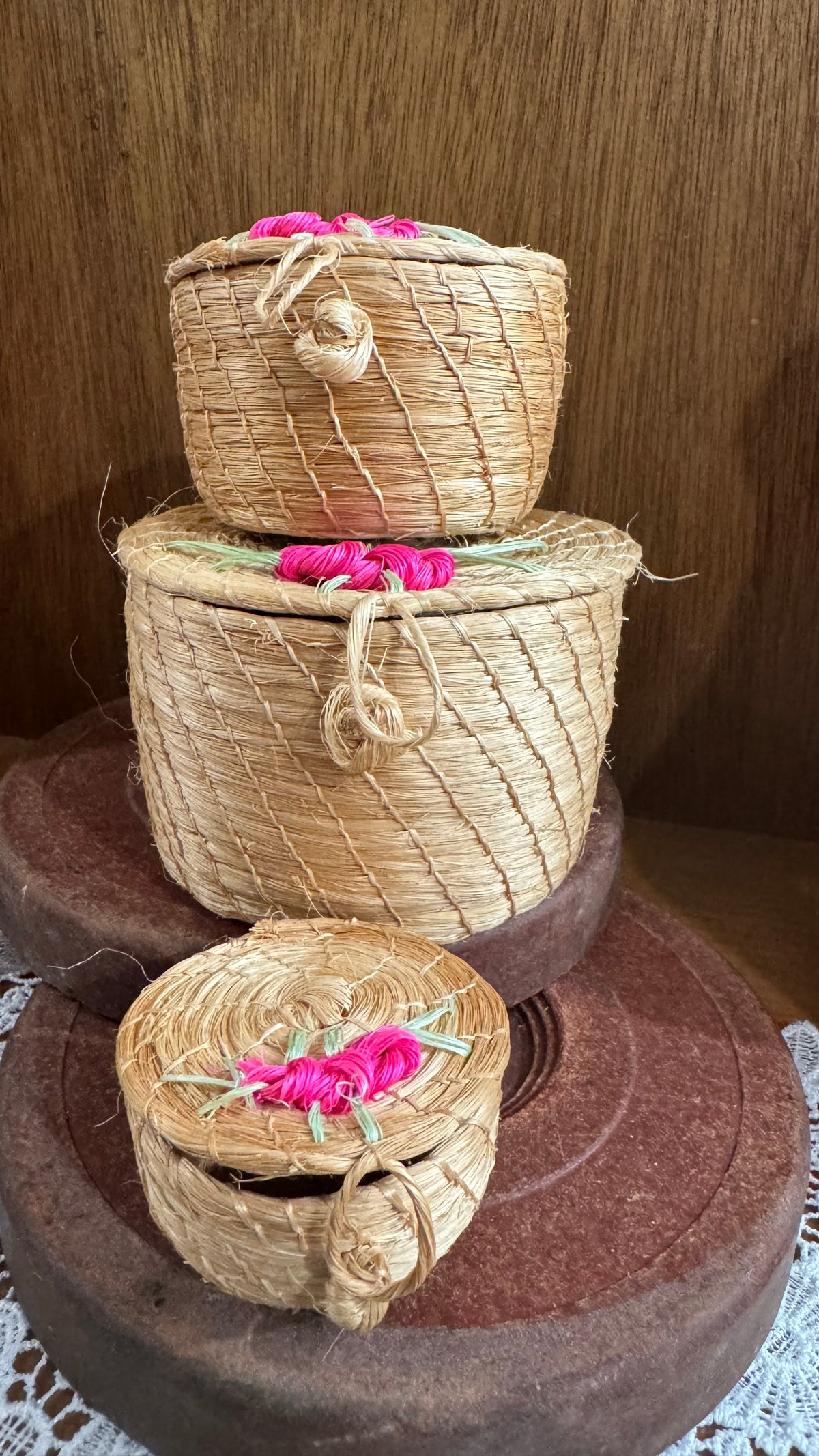 Mini Floral Woven Nesting Baskets with Lids – Set of 3