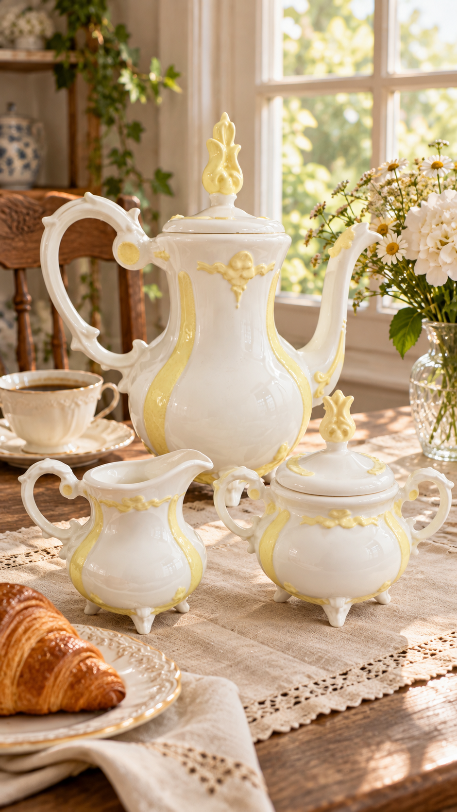 Loma White & Pale Yellow 3-Piece Coffee Set – Ornate Footed Design