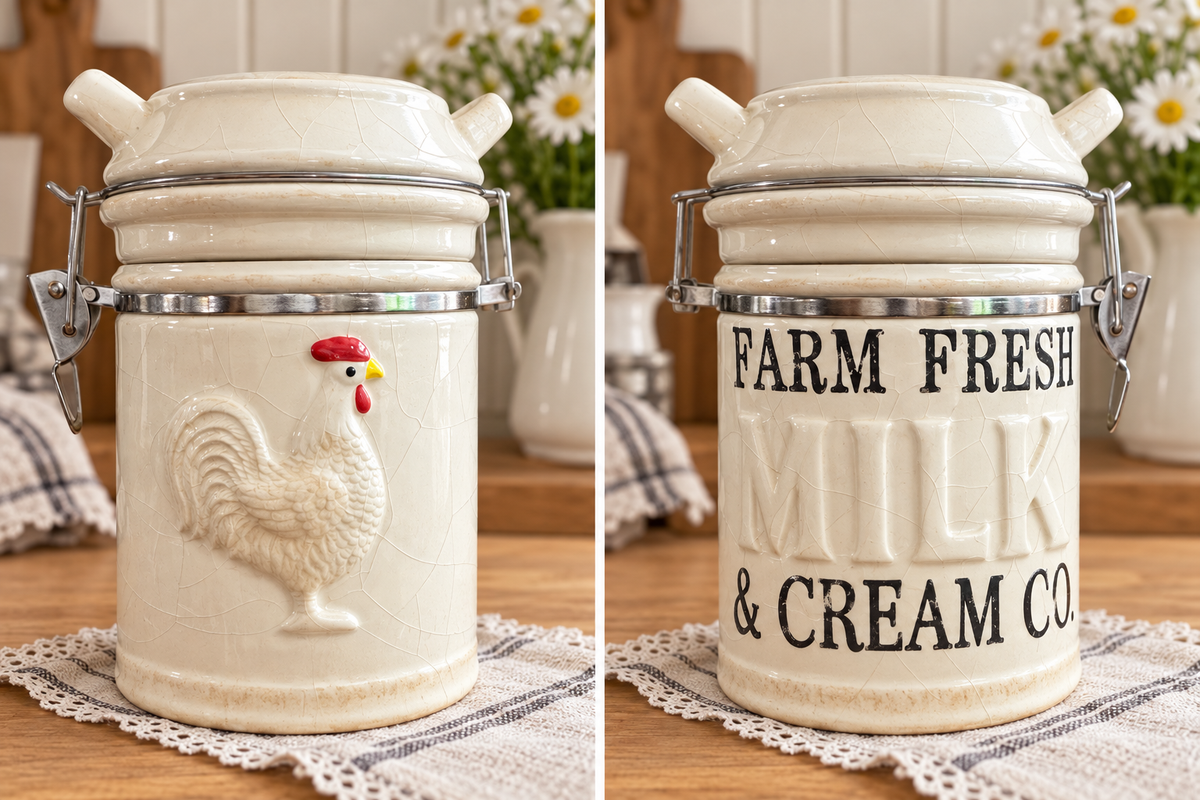 Boston Warehouse Double-Sided Rooster Canister – Farmhouse Décor –