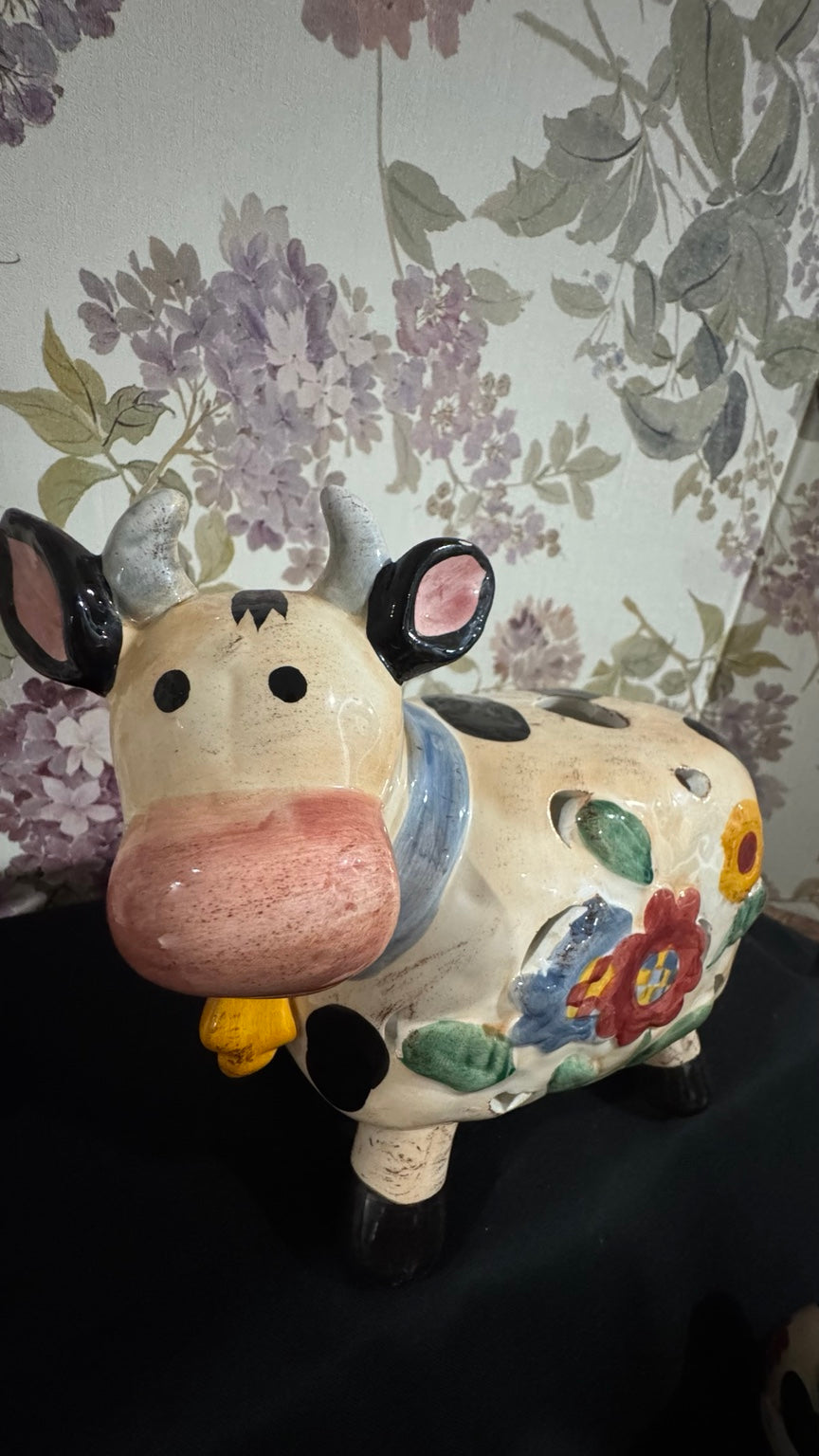 Vintage Farmhouse Cow Tea Light Holder & Salt Pepper Shaker Set