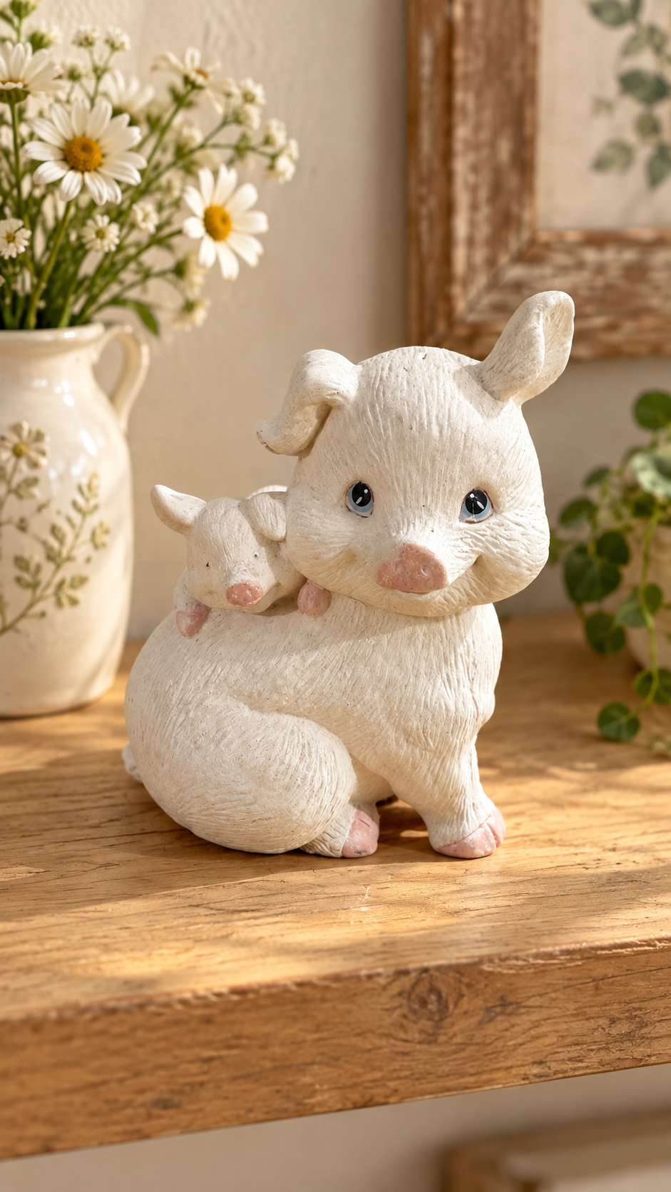 Ceramic Mama Pig & Piglet Figurine – White & Pink Country Décor –