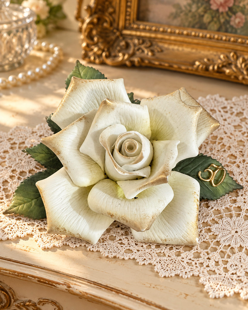 50th Anniversary Ivory Rose Figurine – Gold Accents & Green Leaves