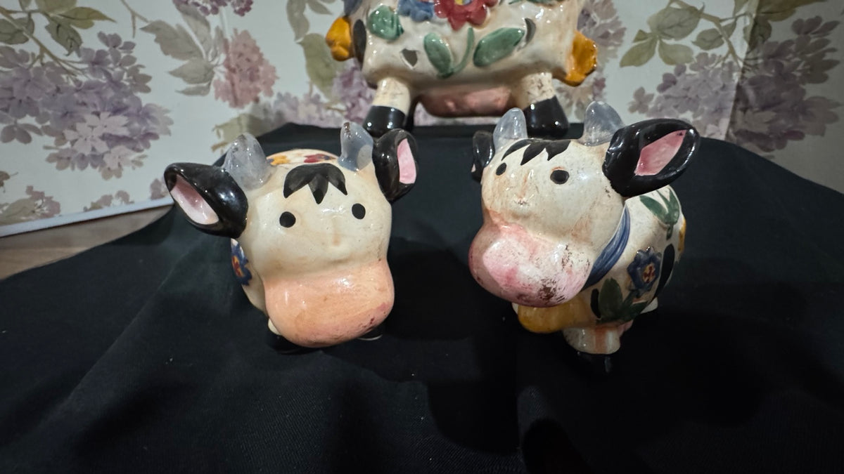 Vintage Farmhouse Cow Tea Light Holder & Salt Pepper Shaker Set