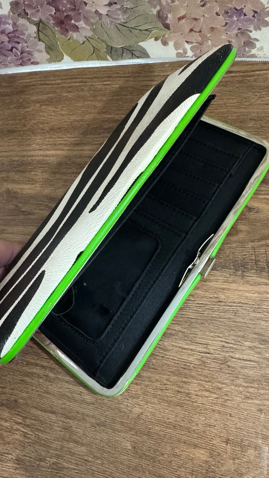 Zebra Print Hard Frame Clutch Wallet with Lime Green Trim