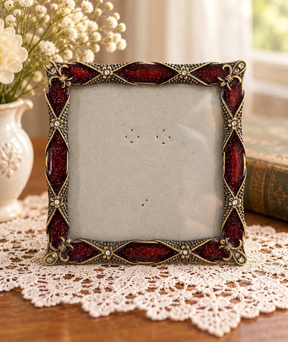 Burgundy & Antique Gold-Tone Rhinestone Tabletop Picture Frame