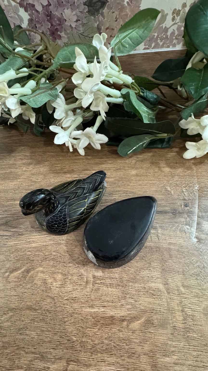 Vintage Hand-Carved Black Soapstone Duck Trinket Box | Etched Lidded Keepsake