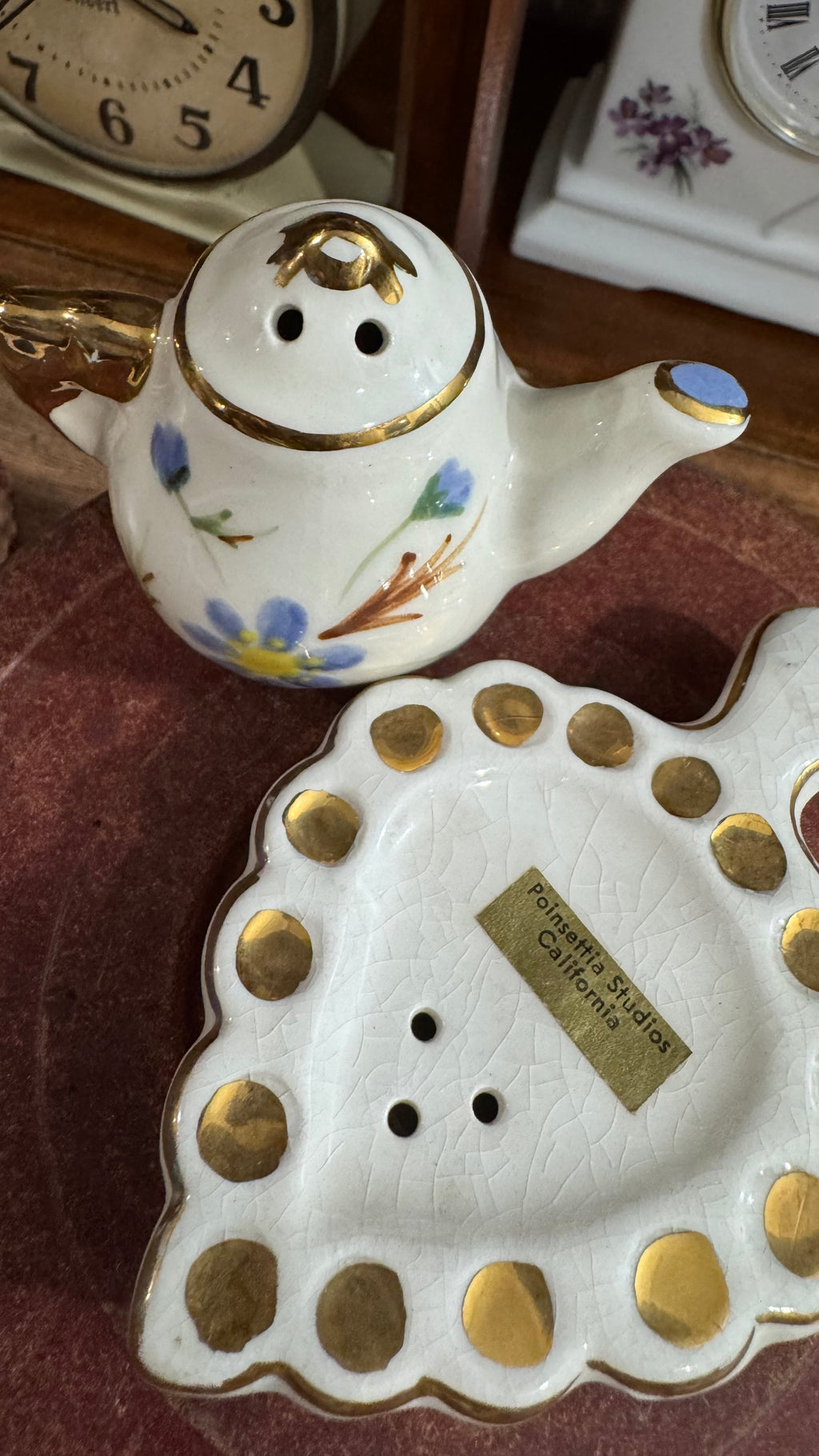 Vintage Poinsettia Studios Teapot & Leaf Salt Pepper Shaker Set Blue Floral Gold