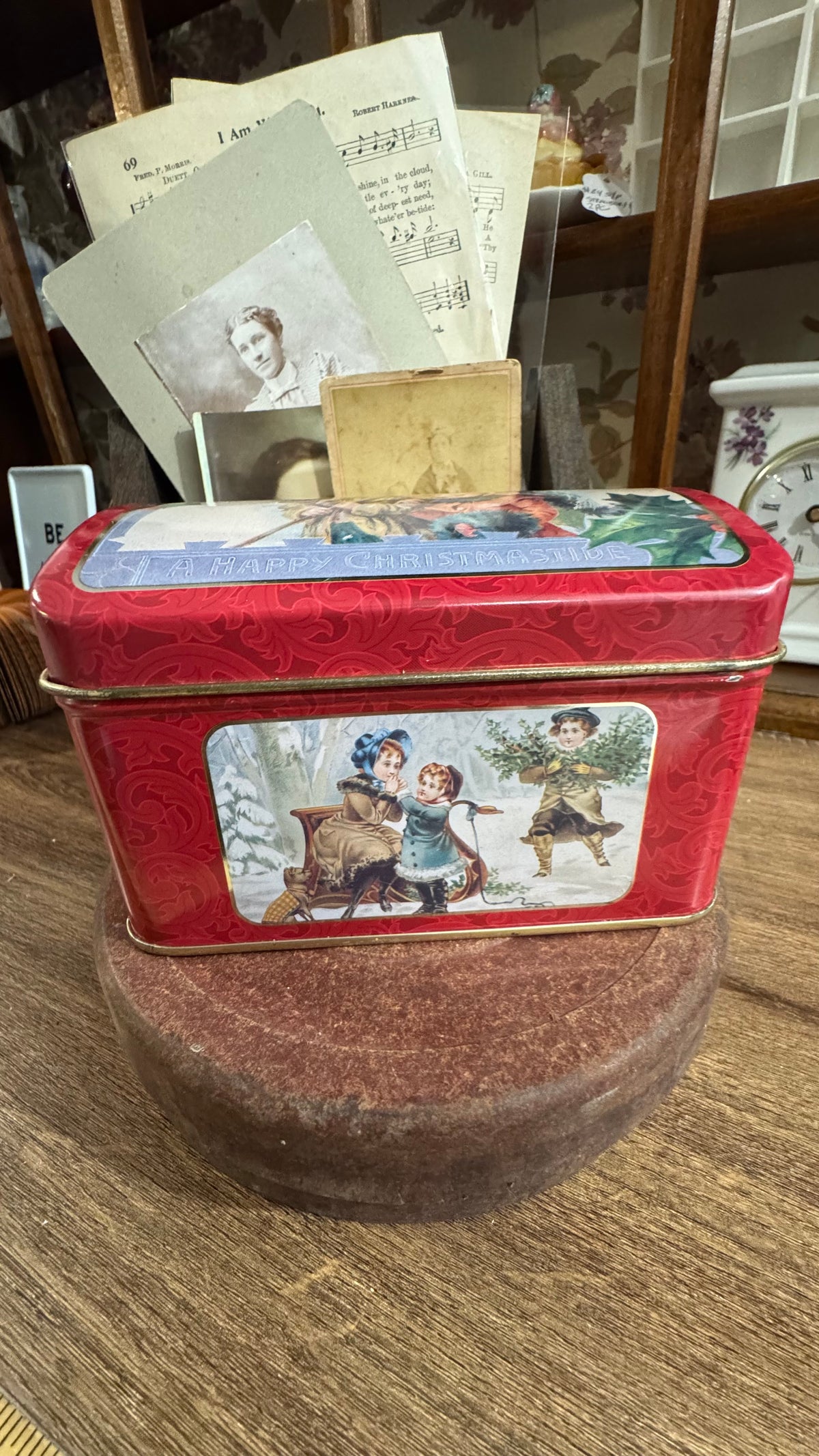 Red Christmas Tin with Victorian-Style Children & Hinged Lid 5x3.5