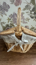 Vintage Wicker Picnic Basket with Lid & Fabric Liner