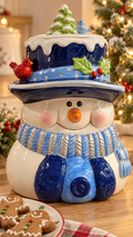 Houston Harvest Snowman Cookie Jar – Blue Top Hat & Winter Birds