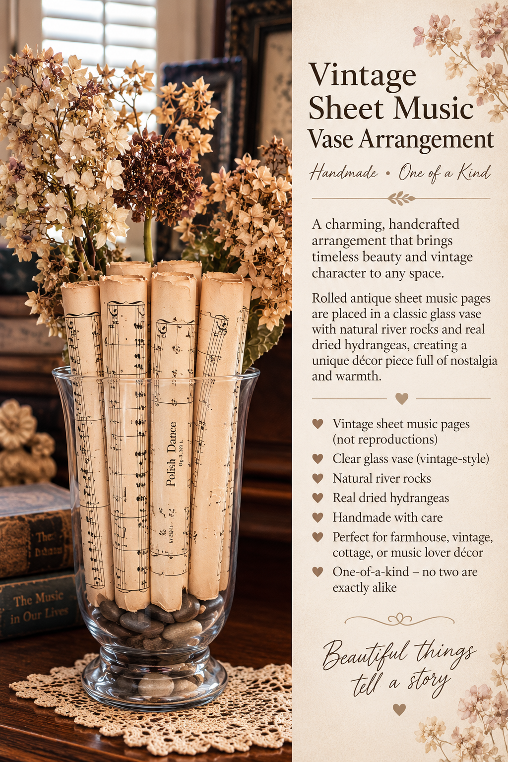 One-of-a-Kind Vintage Sheet Music & Dried Hydrangea Arrangement