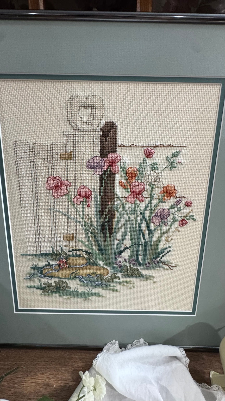 Vintage Hand-Stitched Garden Cross Stitch – Professionally Framed Nielsen USA