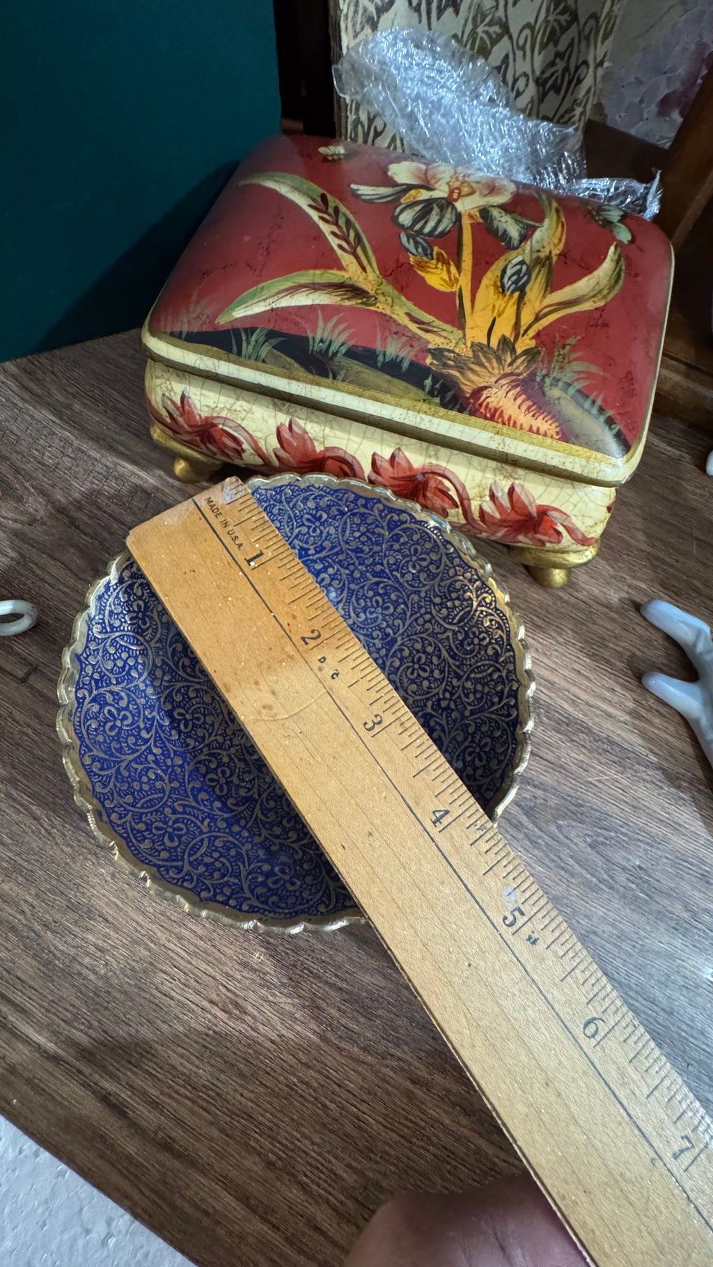 Vintage Blue & Gold Brass Pedestal Bowl – Ornate Floral Design