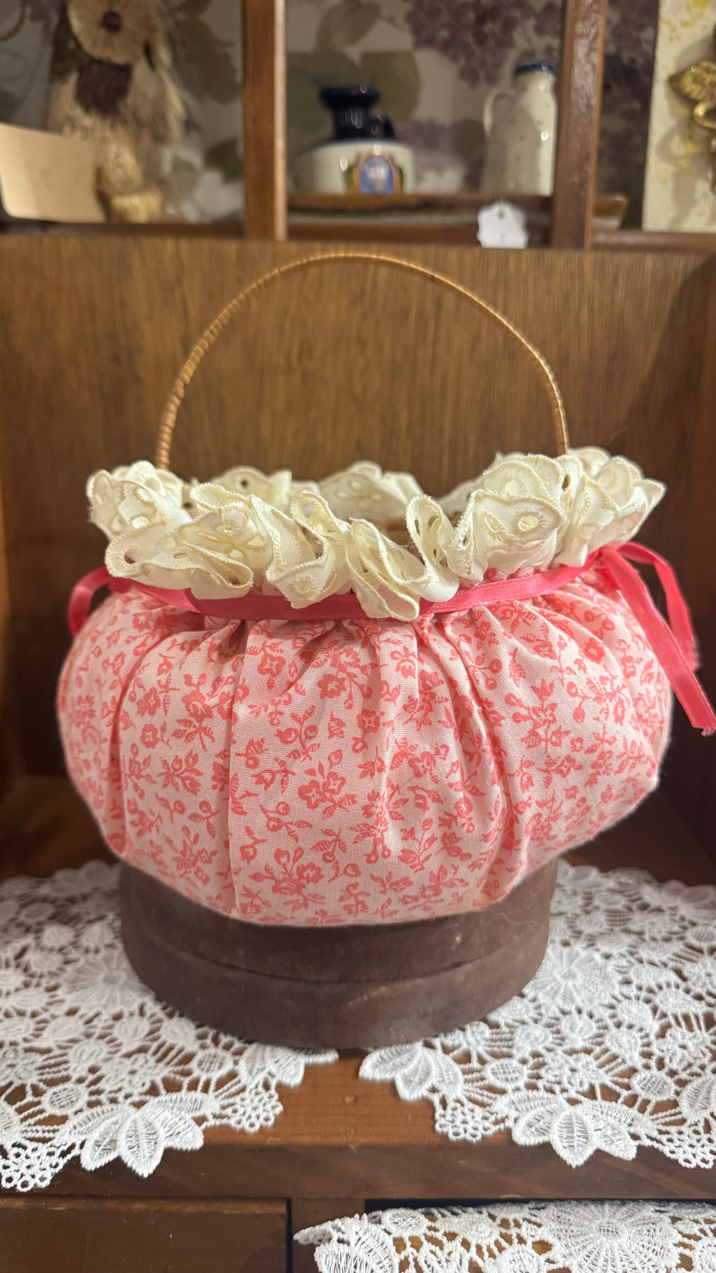 Pink Floral Basket with Cream Eyelet Lace & Ribbon