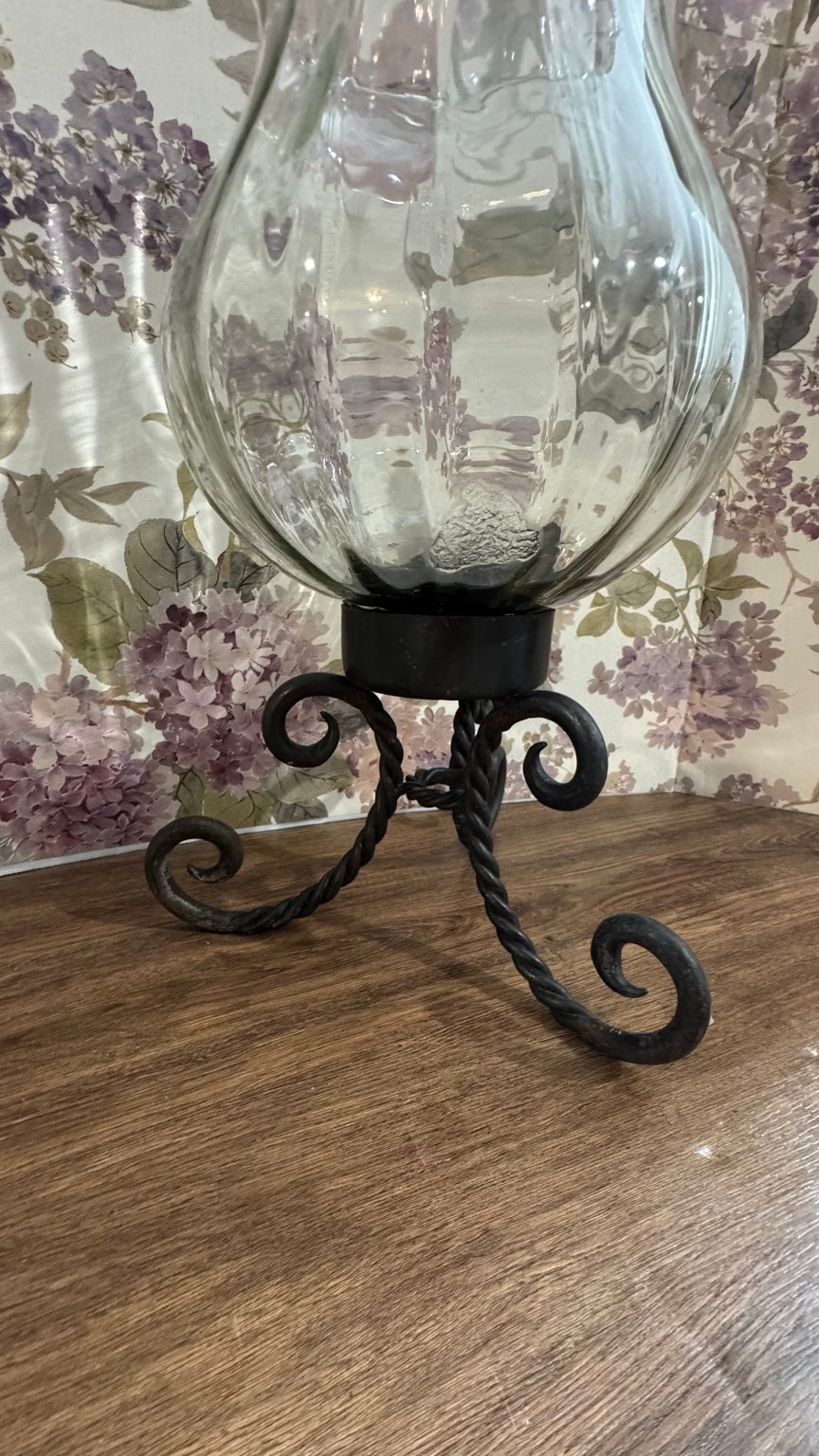 Large Glass Hurricane Vase on Wrought Iron Scroll Stand