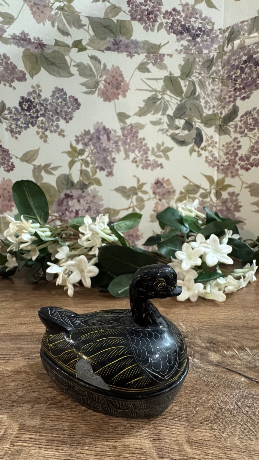 Vintage Hand-Carved Black Soapstone Duck Trinket Box | Etched Lidded Keepsake
