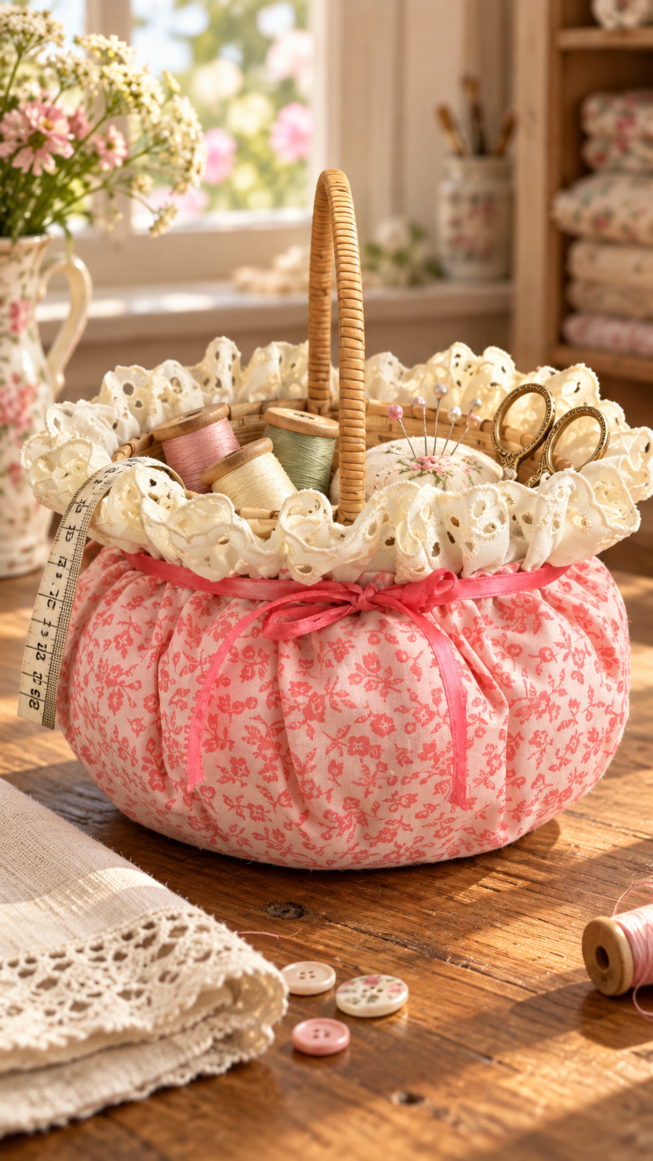 Pink Floral Basket with Cream Eyelet Lace & Ribbon