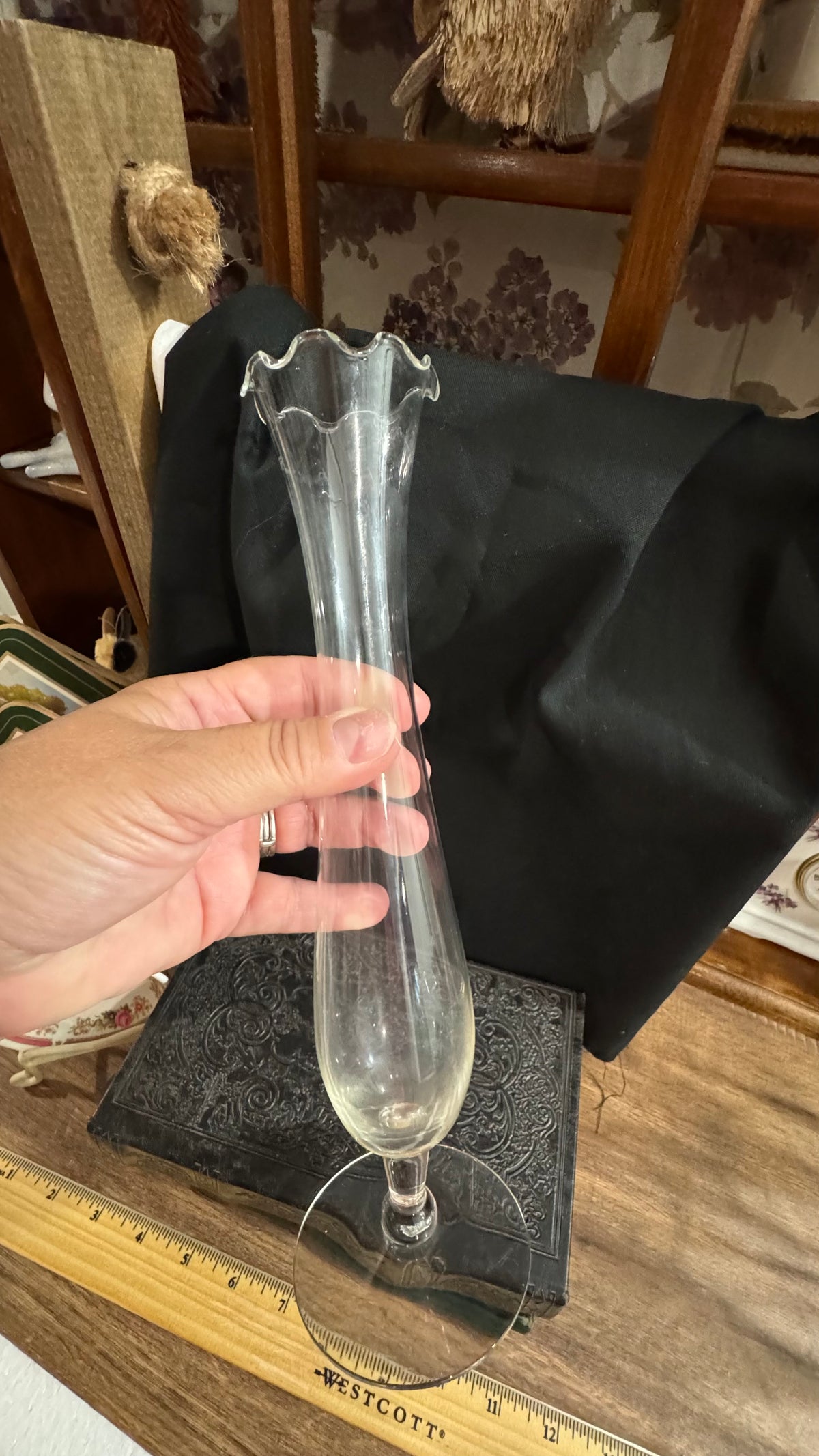 Tall Clear Glass Ruffled Bud Vase – 11”