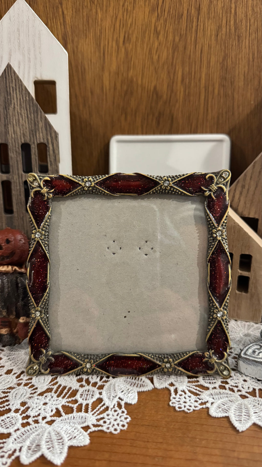 Burgundy & Antique Gold-Tone Rhinestone Tabletop Picture Frame