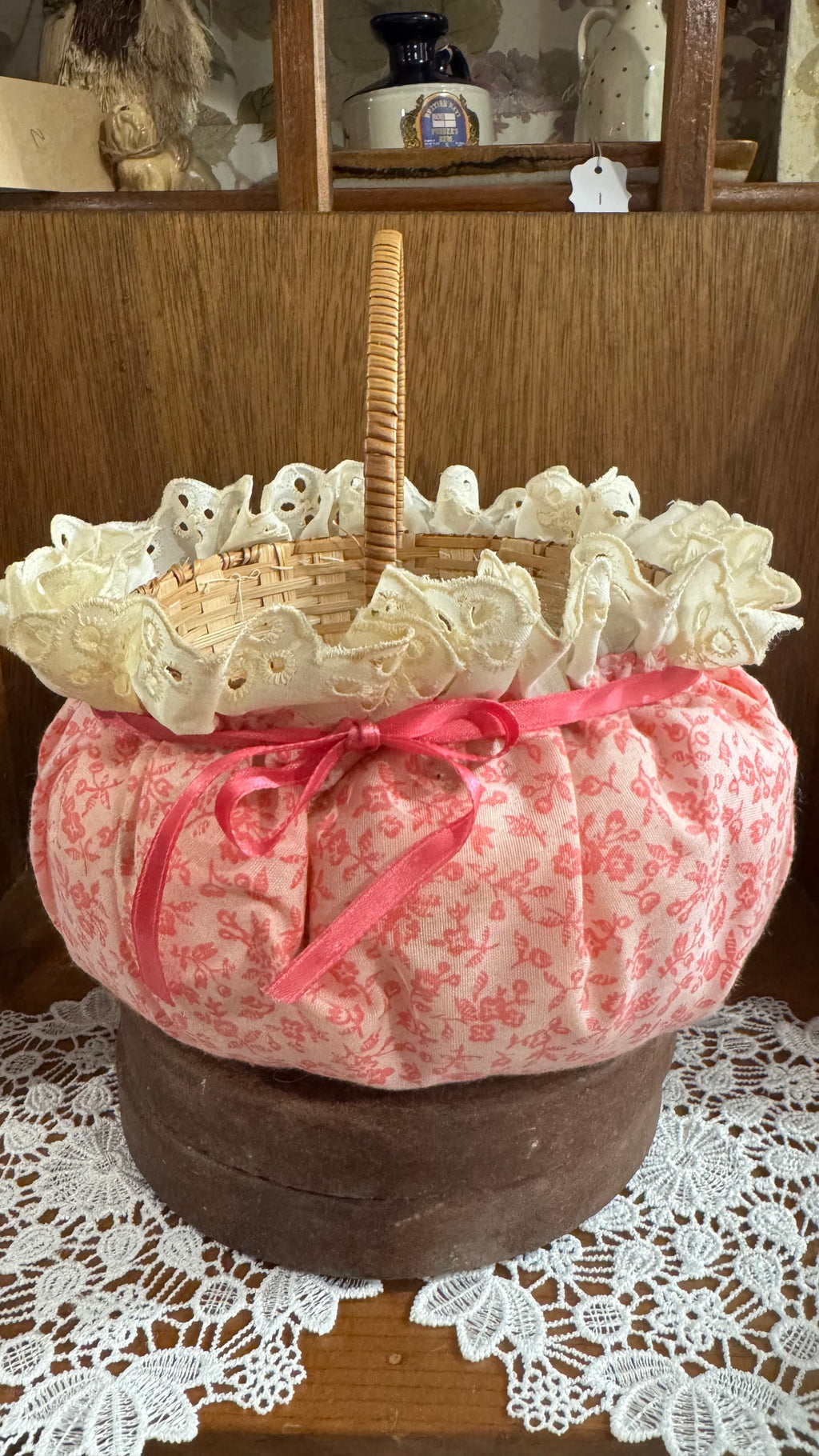 Pink Floral Basket with Cream Eyelet Lace & Ribbon