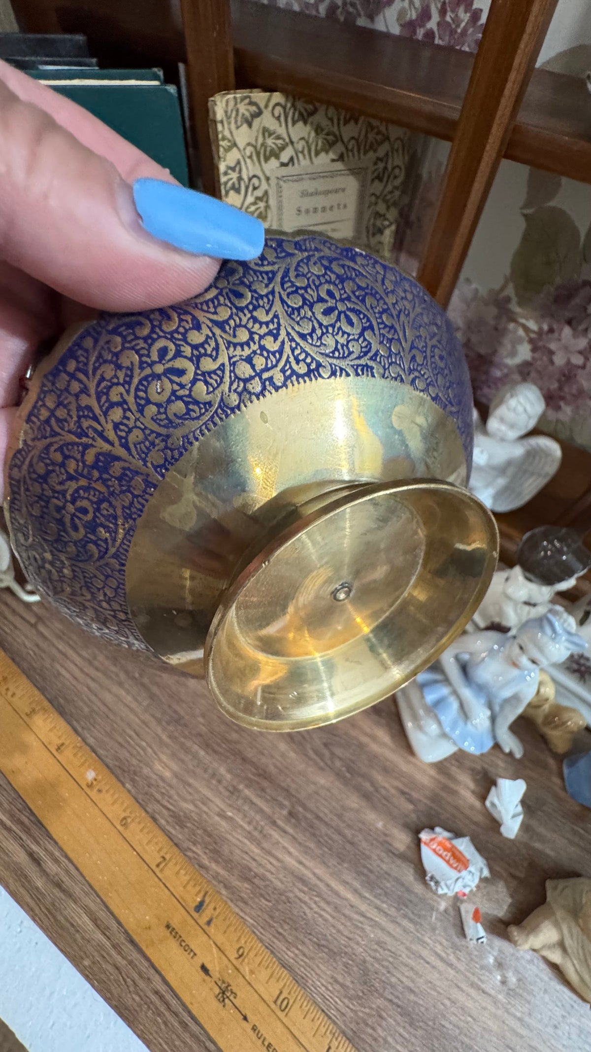 Vintage Blue & Gold Brass Pedestal Bowl – Ornate Floral Design