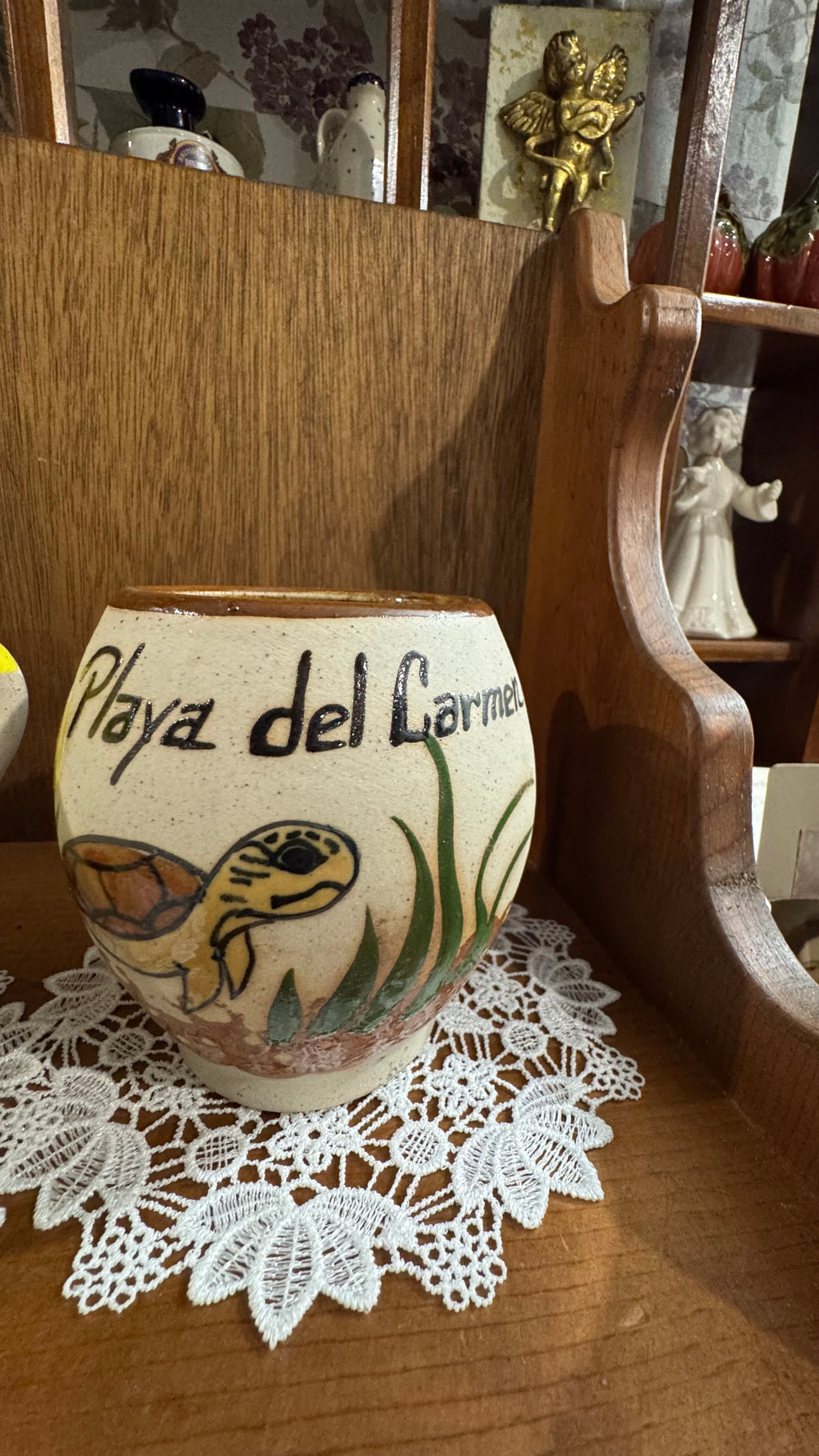 Mexican Souvenir Pottery Mugs – Playa del Carmen Turtle & Durango – Pair