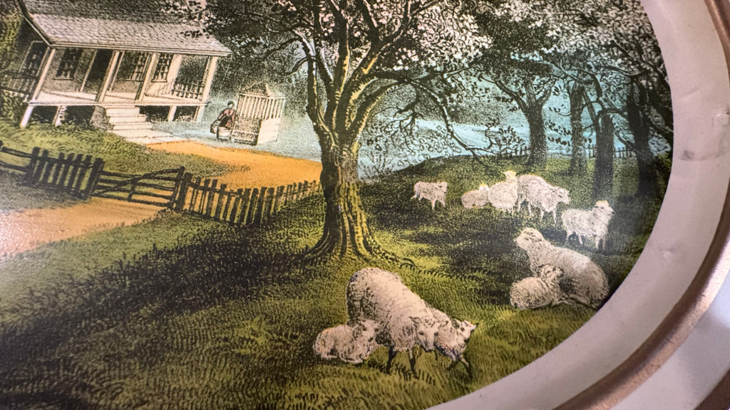 Vintage Sunshine Biscuits Tin – Currier & Ives Cottage Sheep Scene