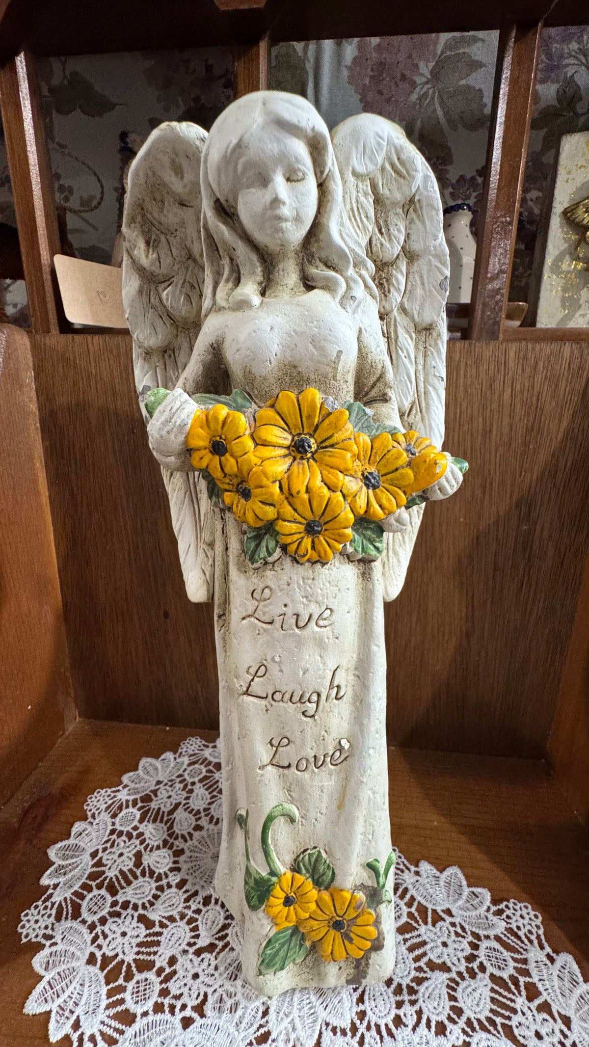 Live Laugh Love Angel Figurine with Yellow Flowers – 11″