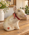 Rustic Sitting Pig Figurine with Red Heart & Bow