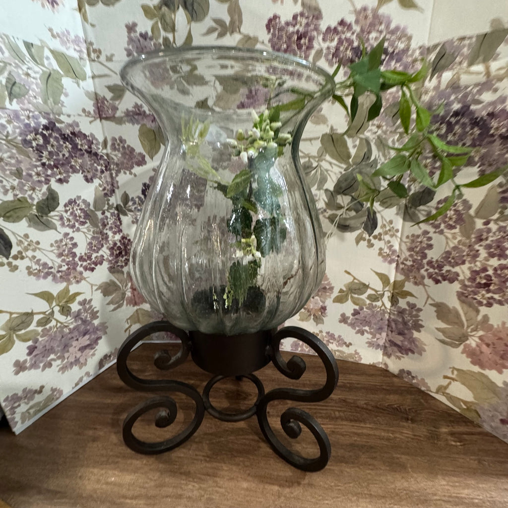 Large Glass Hurricane Vase on Wrought Iron Scroll Stand
