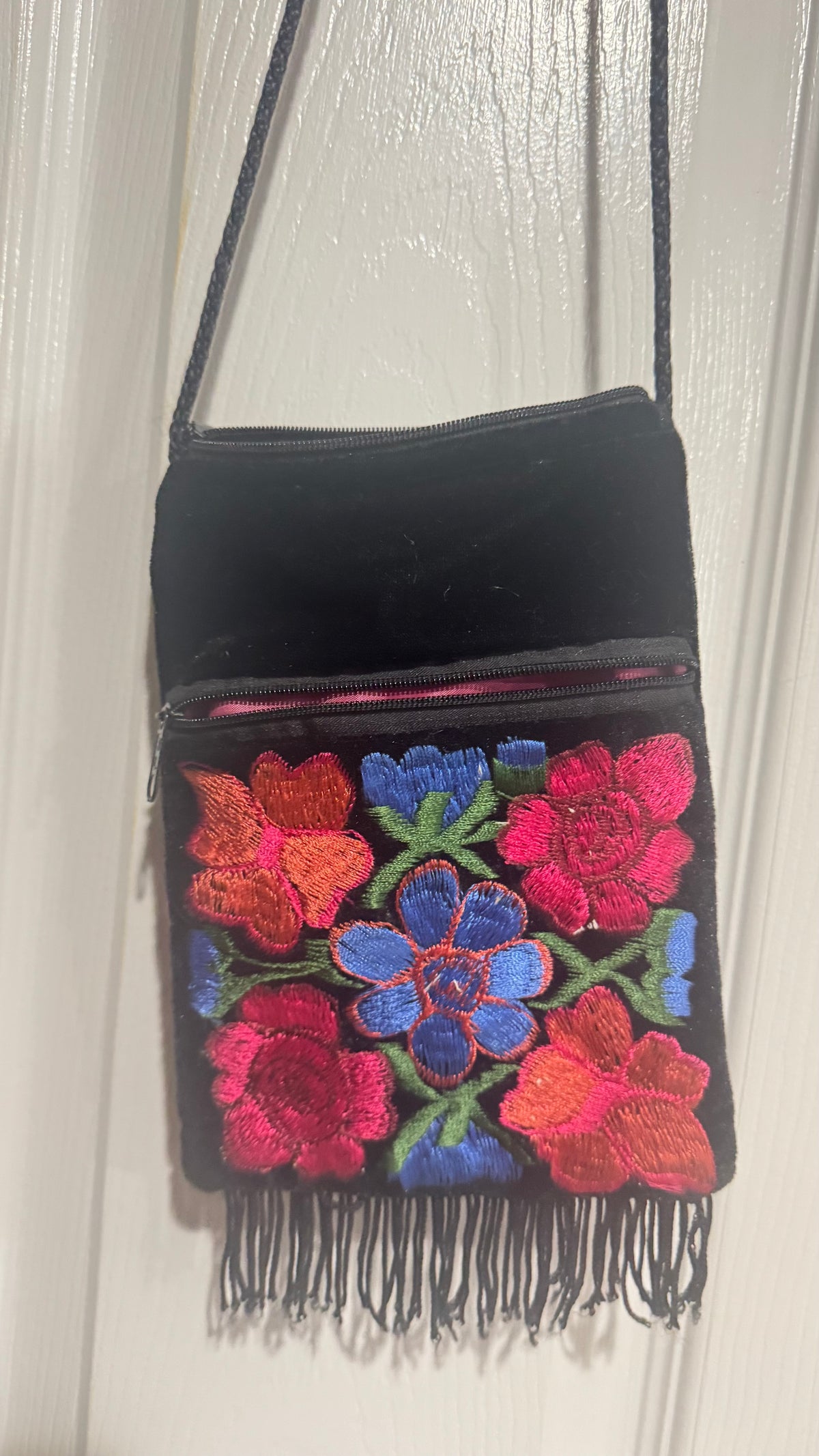 Vintage Black Velvet Embroidered Floral Fringe Crossbody Purse