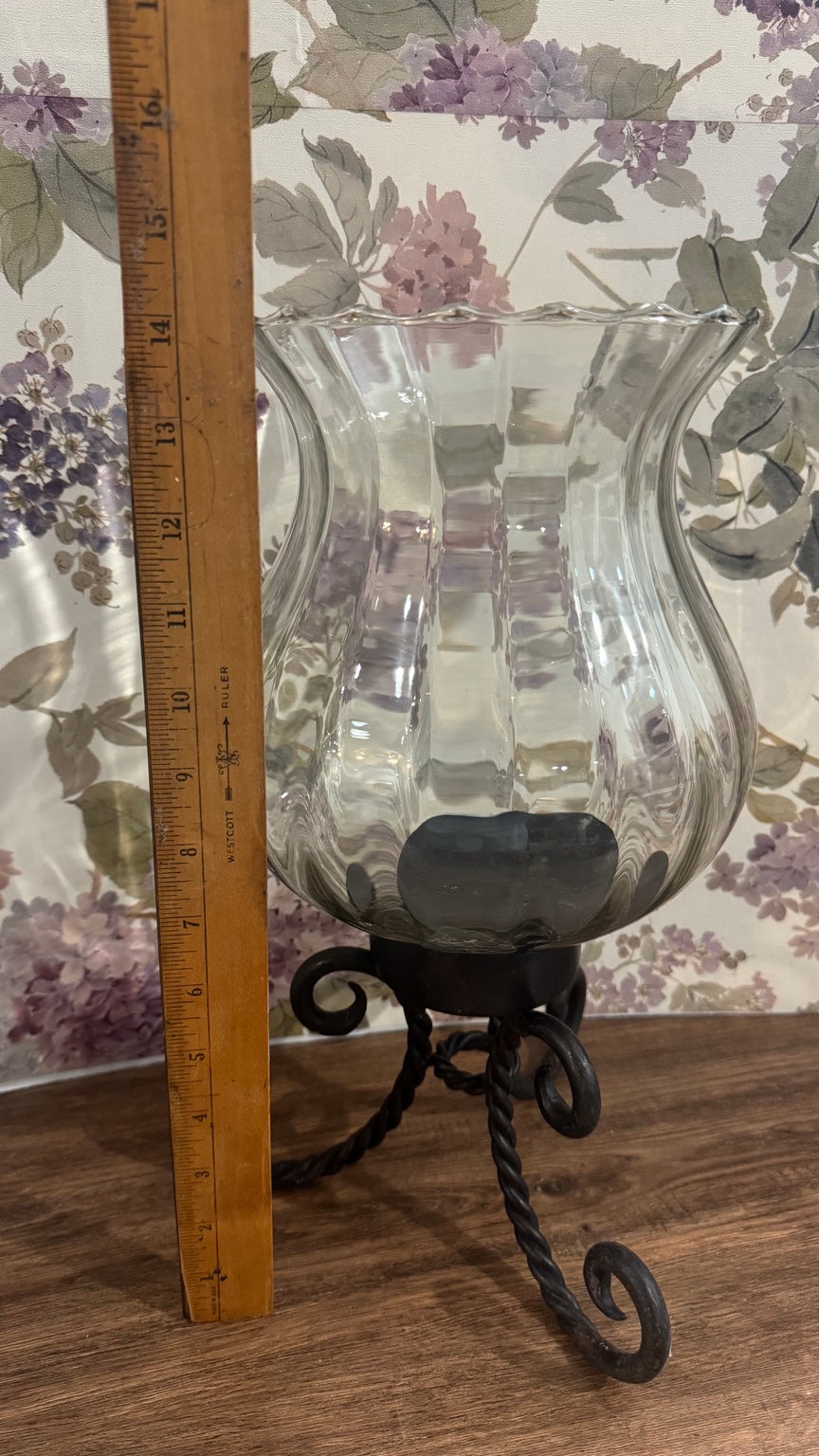 Large Glass Hurricane Vase on Wrought Iron Scroll Stand