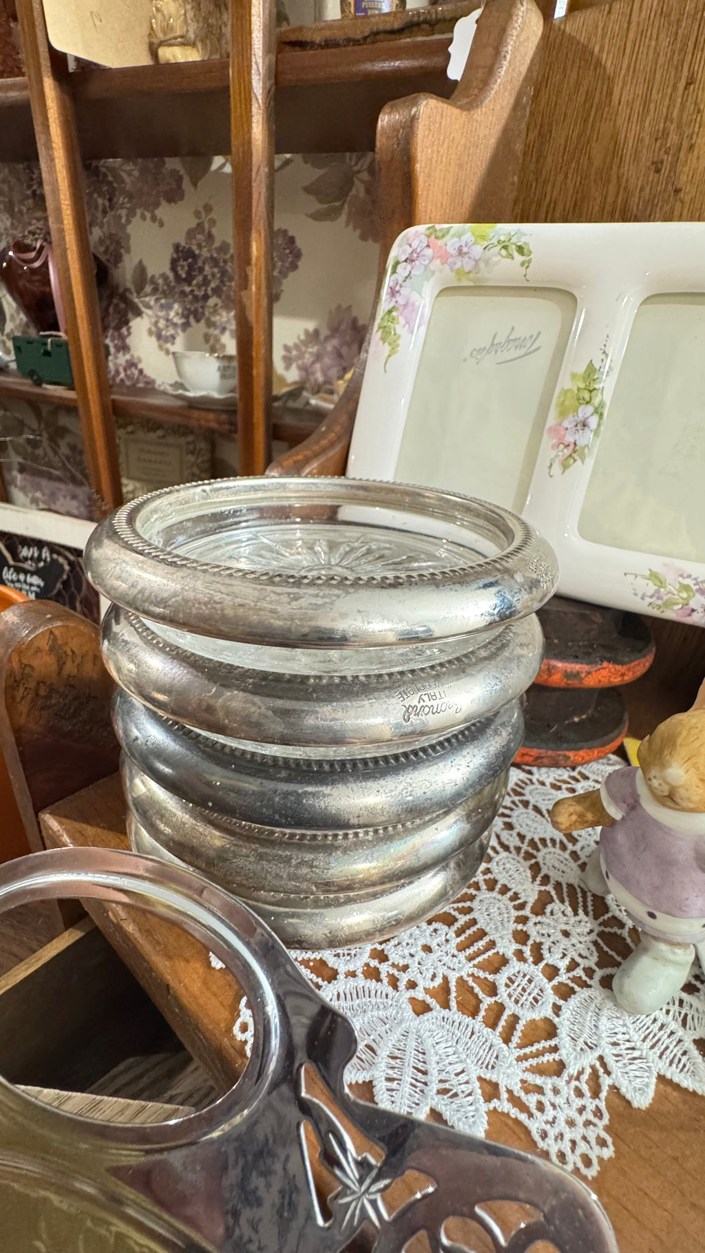 Vintage Leonard Silverplate & Glass Coasters – Set of 5