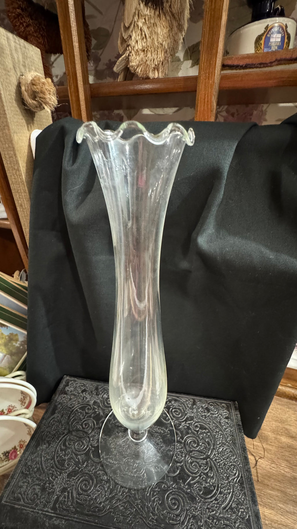 Tall Clear Glass Ruffled Bud Vase – 11”